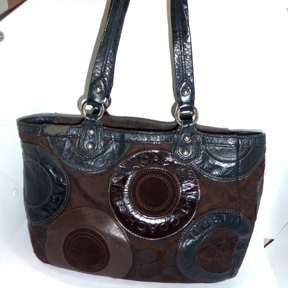 COACH Circle Patchwork East West Tote Black Brown F15466 Shoulder Handbag Purse - Picture 1 of 8